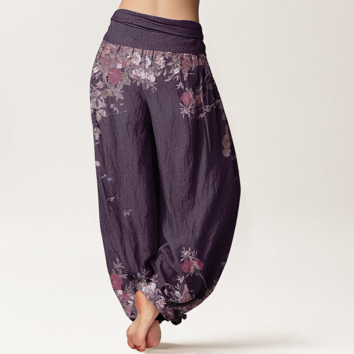Pantalon harem à taille élastique pour femme, en coton décontracté, orné de pivoines rouges et de motifs floraux, avec Buddha Stones - image 9