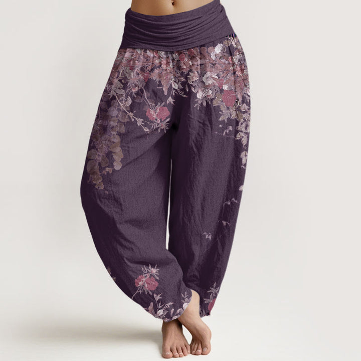 Pantalon harem à taille élastique pour femme, en coton décontracté, orné de pivoines rouges et de motifs floraux, avec Buddha Stones - Prune - US22，UK/AU26，EU54 (6XL) - image 7