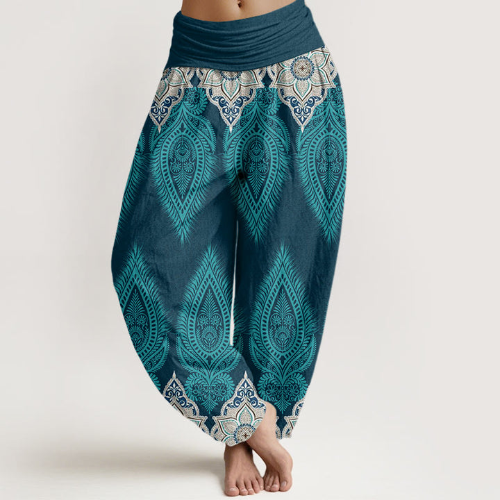 Pantalon harem à taille élastique pour femme, en coton décontracté, orné de Buddha Stones, de plumes et de fleurs - Turquoise foncé - US22，UK/AU26，EU54 (6XL) - image 0