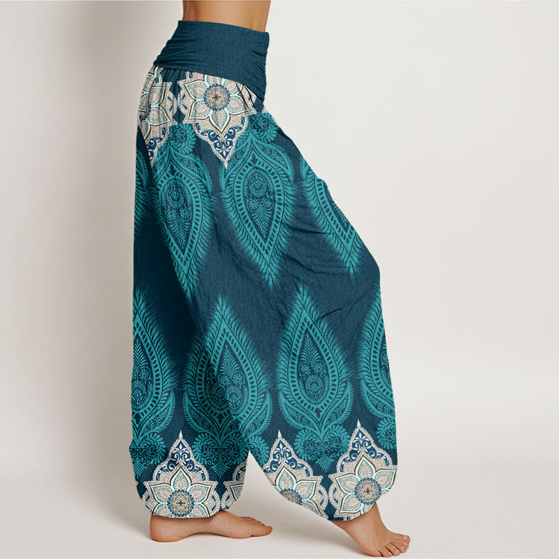 Pantalon harem à taille élastique pour femme, en coton décontracté, orné de Buddha Stones, de plumes et de fleurs - image 1