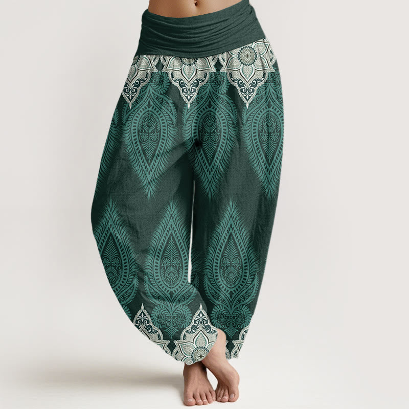 Pantalon harem à taille élastique pour femme, en coton décontracté, orné de Buddha Stones, de plumes et de fleurs - CadetBlue - US22，UK/AU26，EU54 (6XL) - image 4