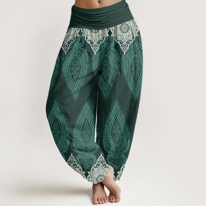 Pantalon harem à taille élastique pour femme, en coton décontracté, orné de Buddha Stones, de plumes et de fleurs - CadetBlue - US22，UK/AU26，EU54 (6XL) - image 4