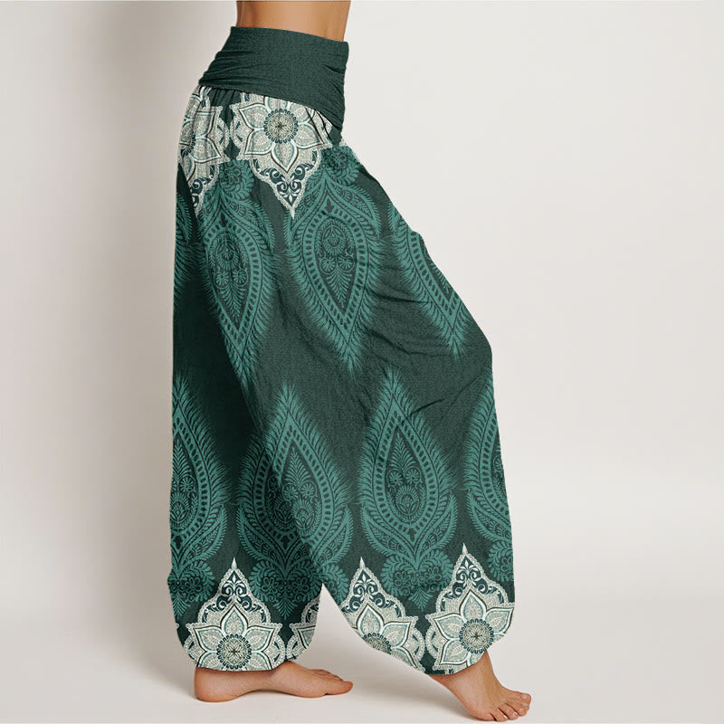 Pantalon harem à taille élastique pour femme, en coton décontracté, orné de Buddha Stones, de plumes et de fleurs - image 5