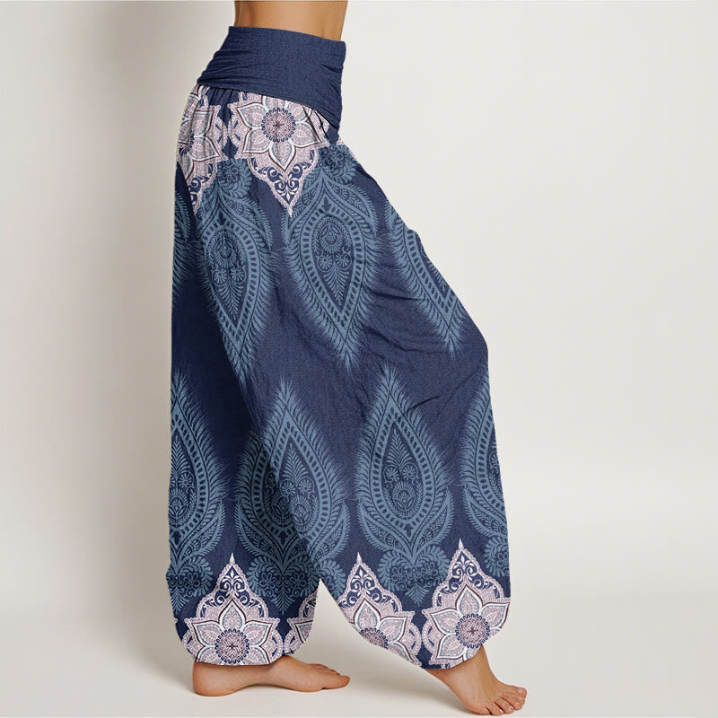 Pantalon harem à taille élastique pour femme, en coton décontracté, orné de Buddha Stones, de plumes et de fleurs - image 8