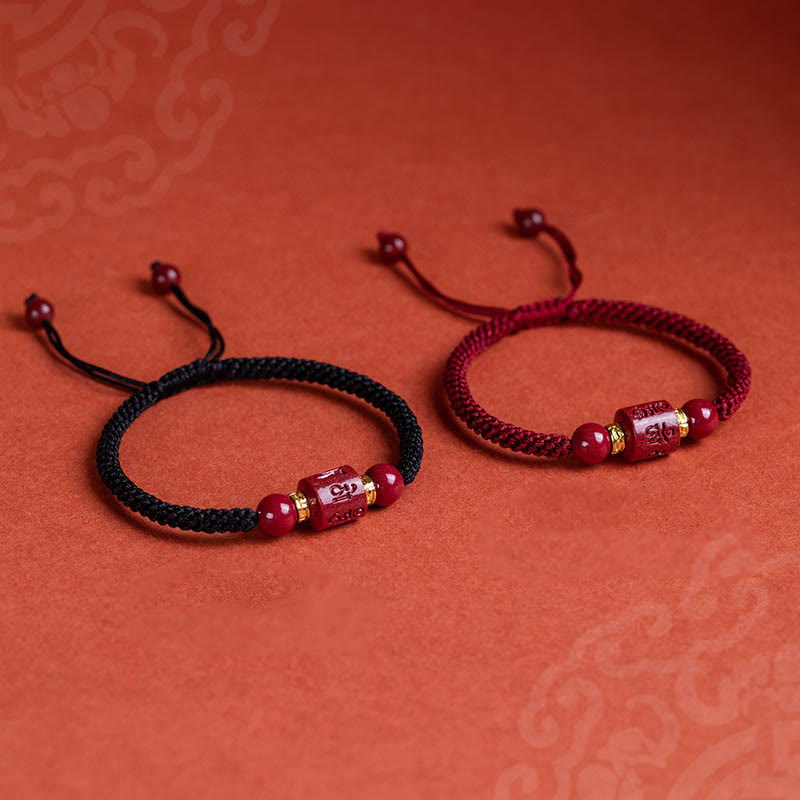 Bracelet tressé avec Buddha Stones tibétaines en cinabre Om Mani Padme Hum gravé et bénédiction