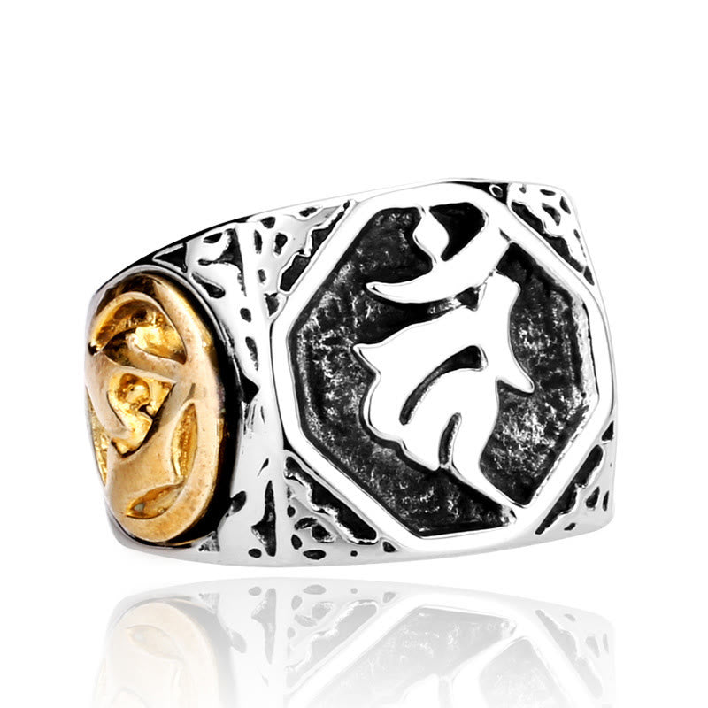 Bague d'équilibre en acier titane tibétain avec Buddha Stones et signe de salutation de la main et de l'épée sanskrit