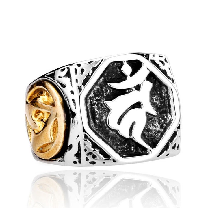 Bague d'équilibre en acier titane tibétain avec Buddha Stones et signe de salutation de la main et de l'épée sanskrit