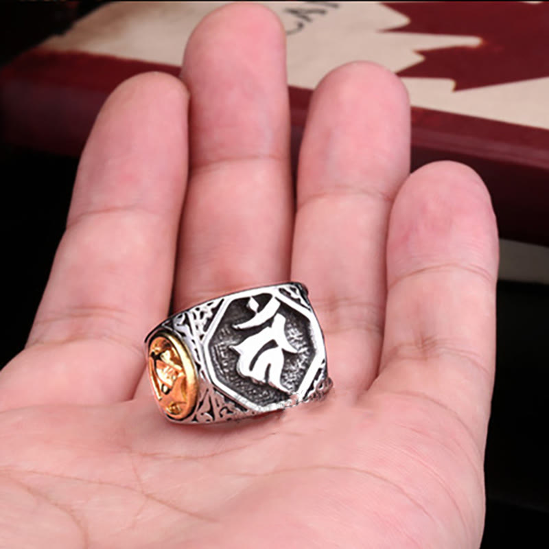 Bague d'équilibre en acier titane tibétain avec Buddha Stones et signe de salutation de la main et de l'épée sanskrit