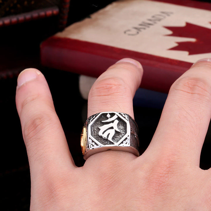 Bague d'équilibre en acier titane tibétain avec Buddha Stones et signe de salutation de la main et de l'épée sanskrit