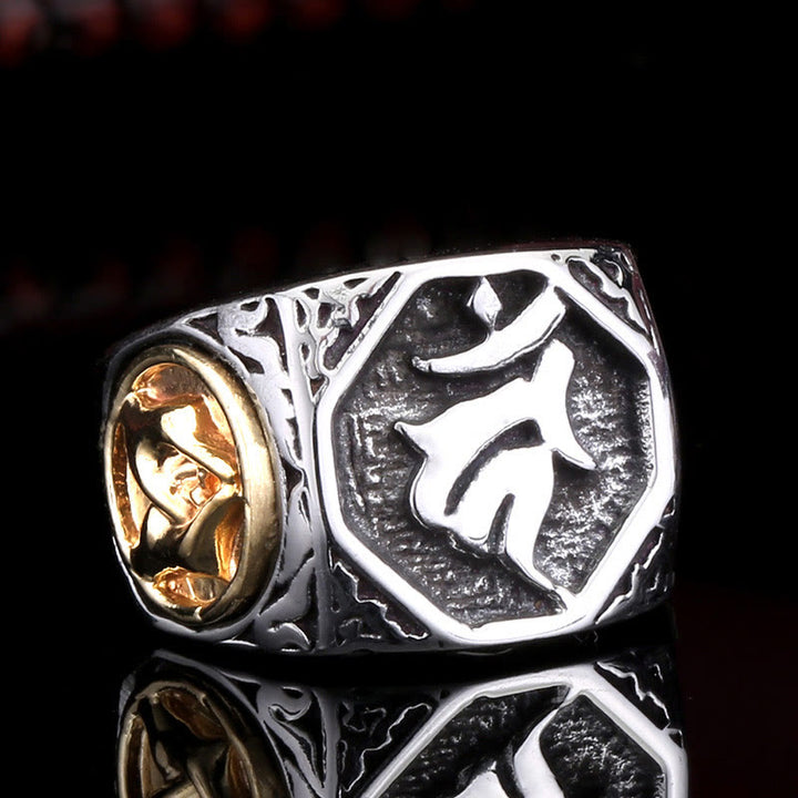 Bague d'équilibre en acier titane tibétain avec Buddha Stones et signe de salutation de la main et de l'épée sanskrit
