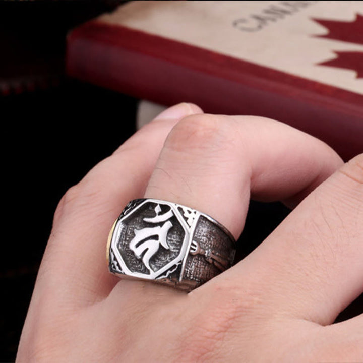 Bague d'équilibre en acier titane tibétain avec Buddha Stones et signe de salutation de la main et de l'épée sanskrit