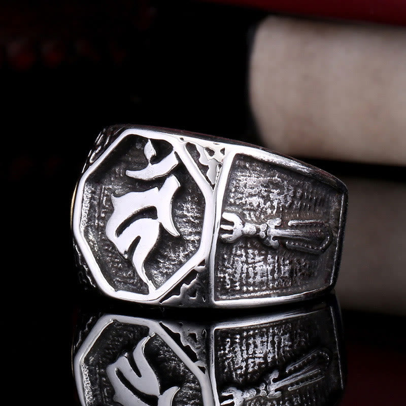 Bague d'équilibre en acier titane tibétain avec Buddha Stones et signe de salutation de la main et de l'épée sanskrit