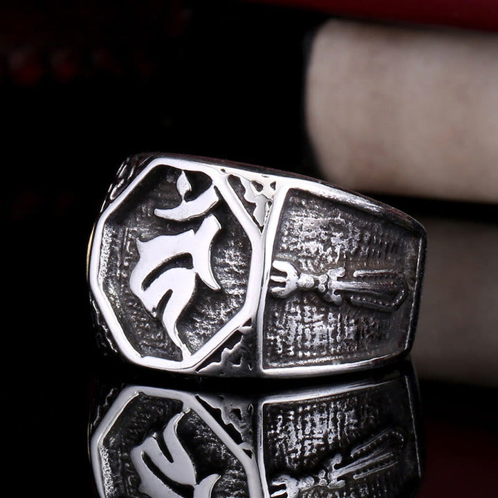 Bague d'équilibre en acier titane tibétain avec Buddha Stones et signe de salutation de la main et de l'épée sanskrit