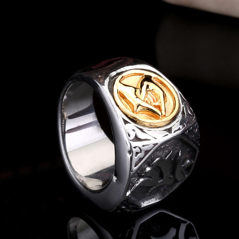 Bague d'équilibre en acier titane tibétain avec Buddha Stones et signe de salutation de la main et de l'épée sanskrit
