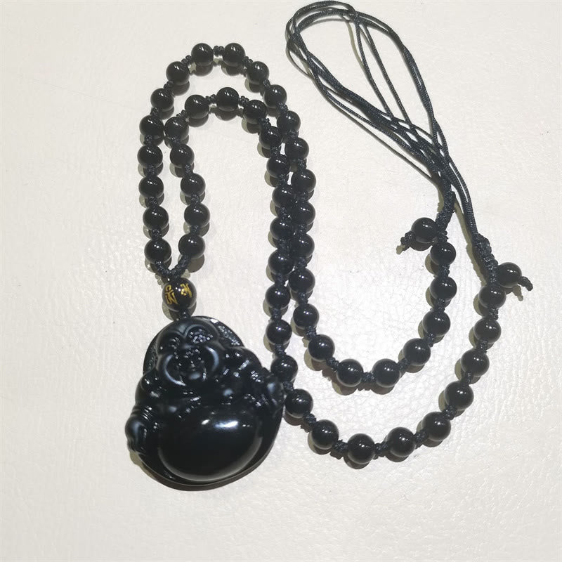 Collier pendentif de purification Buddha Stones en obsidienne noire naturelle et obsidienne glacée