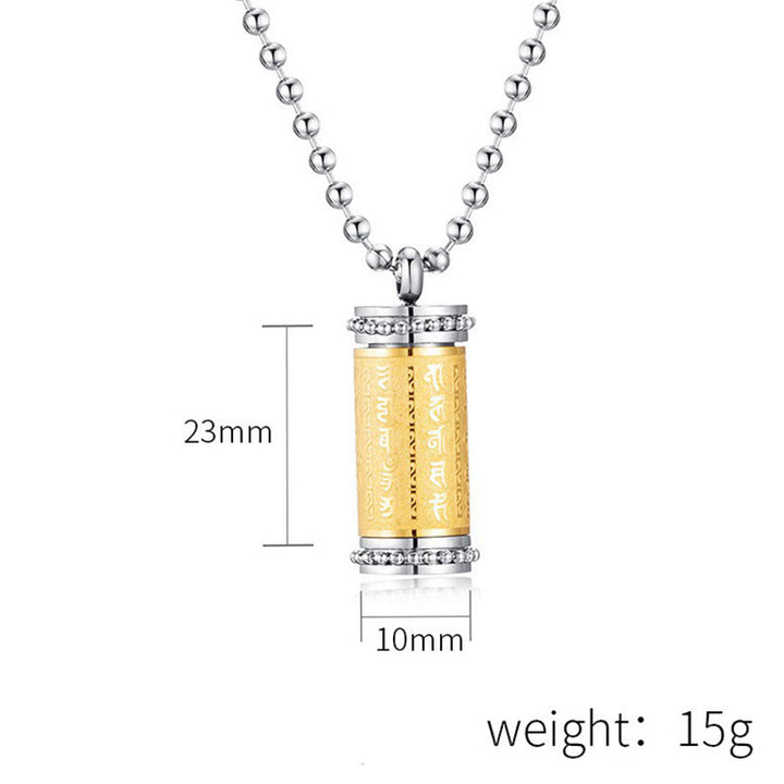 Collier pendentif d'équilibre en acier titane avec roue de prière et écritures de Buddha Stones