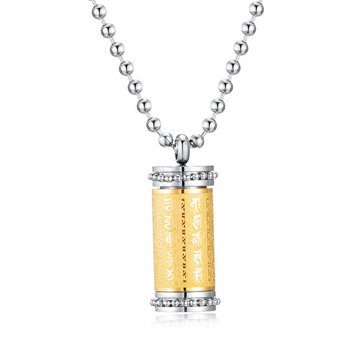 Collier pendentif d'équilibre en acier titane avec roue de prière et écritures de Buddha Stones
