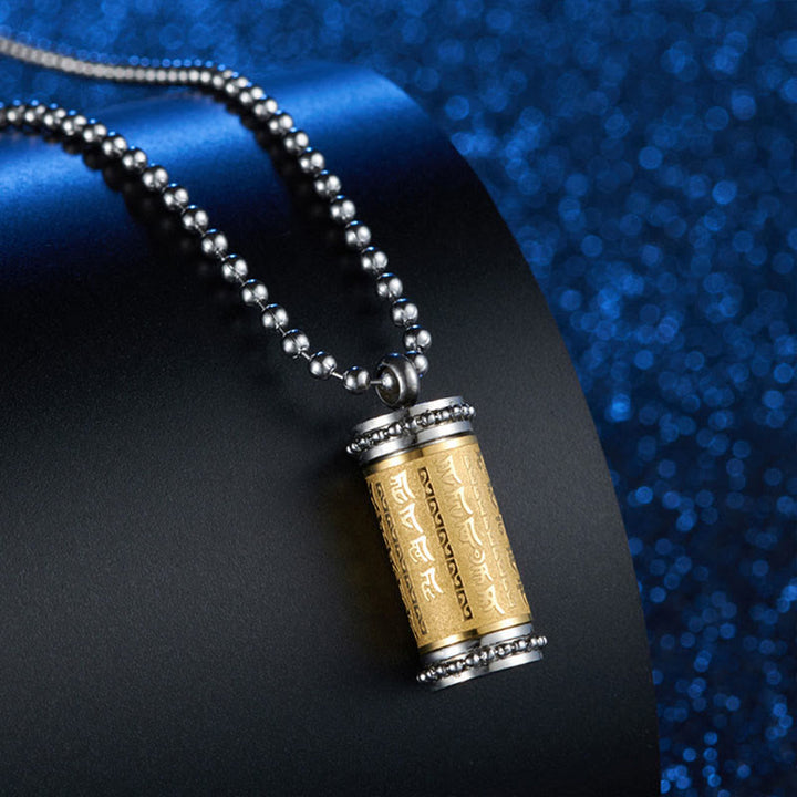 Collier pendentif d'équilibre en acier titane avec roue de prière et écritures de Buddha Stones