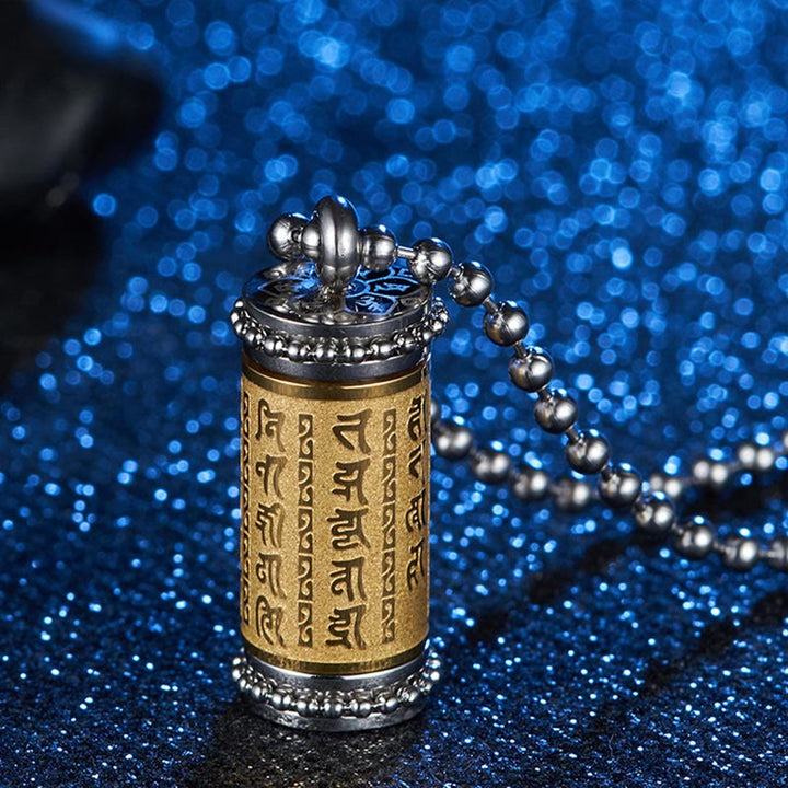 Collier pendentif d'équilibre en acier titane avec roue de prière et écritures de Buddha Stones
