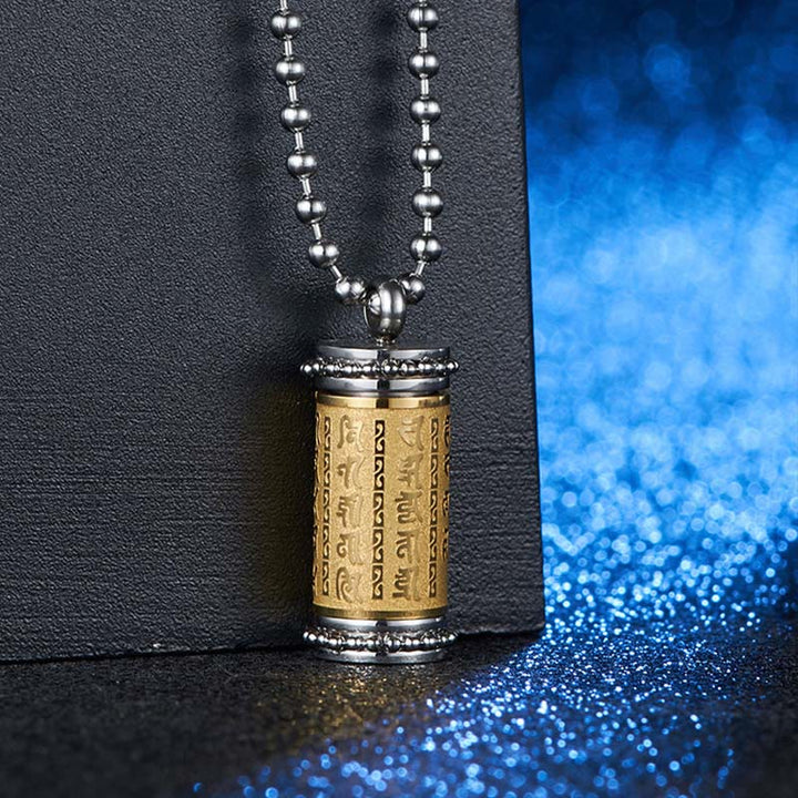 Collier pendentif d'équilibre en acier titane avec roue de prière et écritures de Buddha Stones
