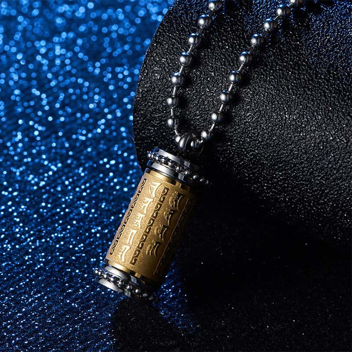 Collier pendentif d'équilibre en acier titane avec roue de prière et écritures de Buddha Stones