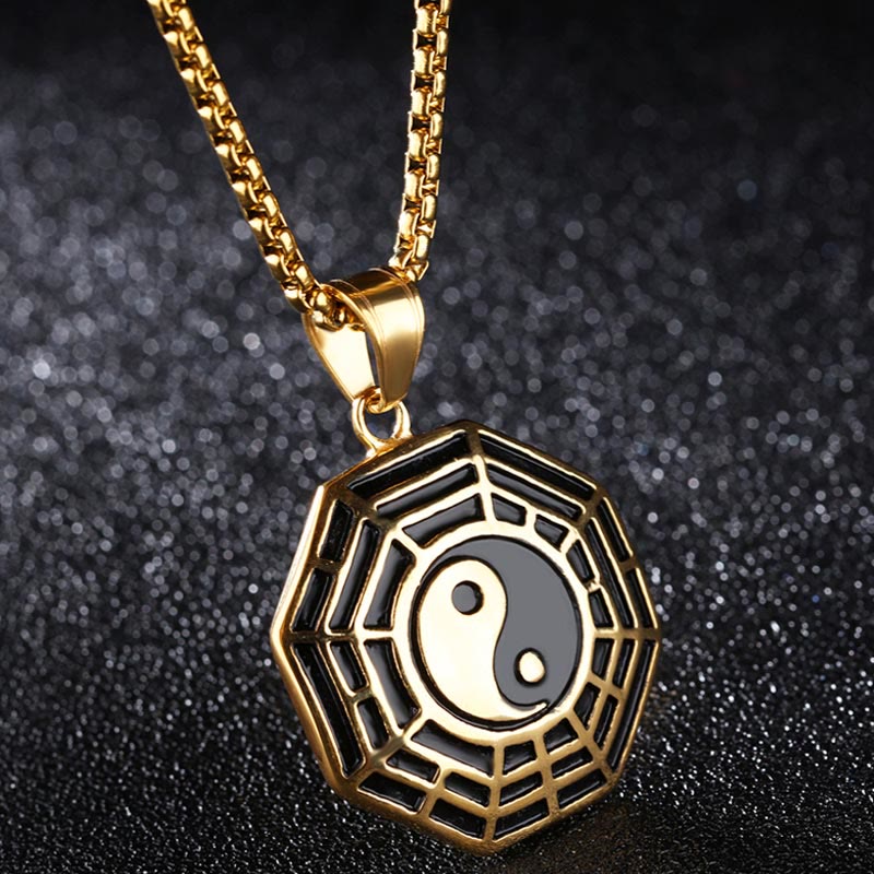 Collier pendentif d'équilibre en acier titane avec Buddha Stones et motif Bagua Yin Yang - Bagua doré - image 1