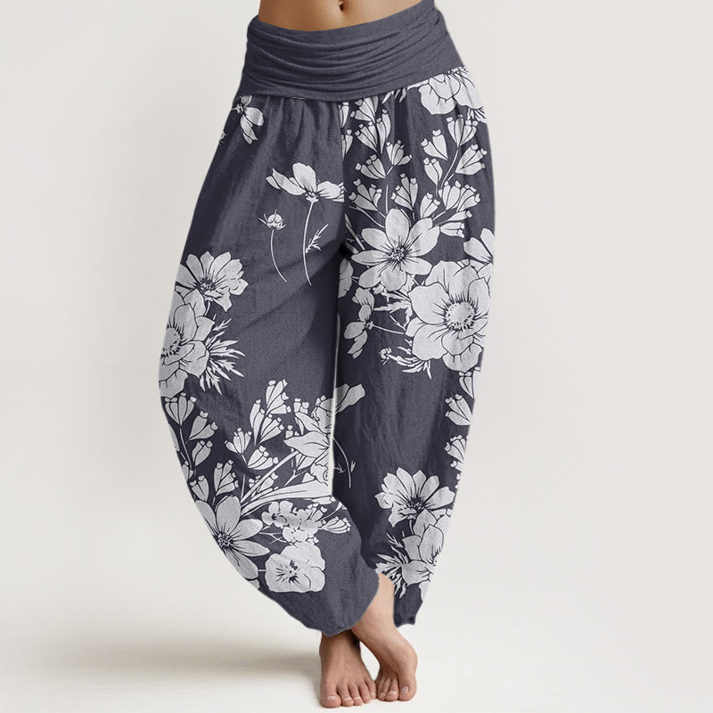 Pantalon sarouel décontracté à taille élastique pour femme avec motif de fleurs de pivoine et Buddha Stones - Gris ardoise - US22，UK/AU26，EU54 (6XL) - image 0