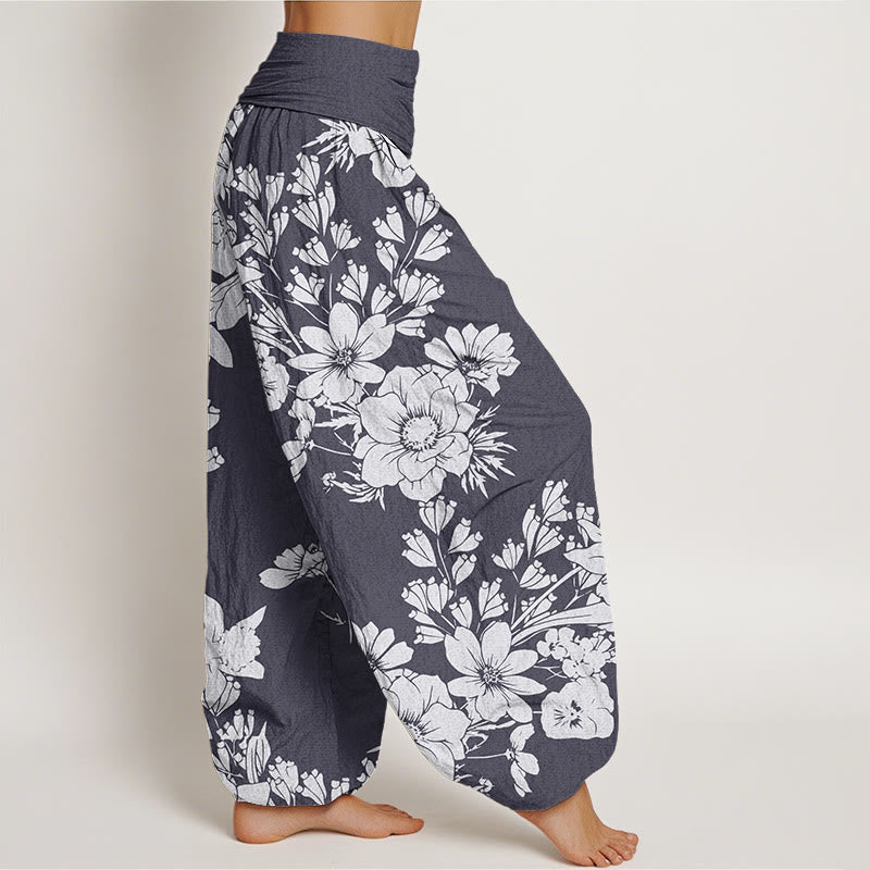 Pantalon sarouel décontracté à taille élastique pour femme avec motif de fleurs de pivoine et Buddha Stones - image 1