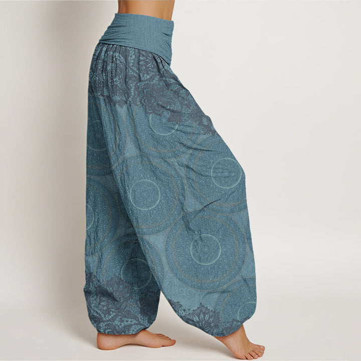Pantalon harem femme en coton décontracté à motif floral et boussole, orné de Buddha Stones. Taille élastique. - image 1