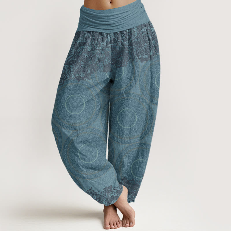 Pantalon harem femme en coton décontracté à motif floral et boussole, orné de Buddha Stones. Taille élastique. - Bleu ciel - US22，UK/AU26，EU54 (6XL) - image 0