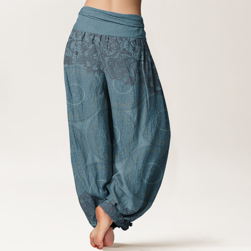 Pantalon harem femme en coton décontracté à motif floral et boussole, orné de Buddha Stones. Taille élastique. - image 2