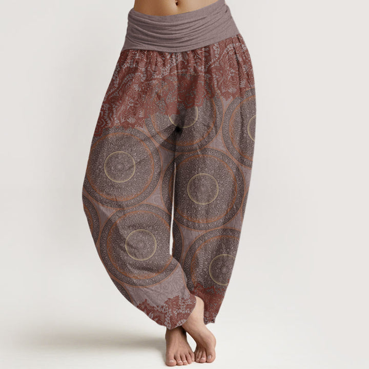 Pantalon harem femme en coton décontracté à motif floral et boussole, orné de Buddha Stones. Taille élastique. - RosyBrown - US22，UK/AU26，EU54 (6XL) - image 4