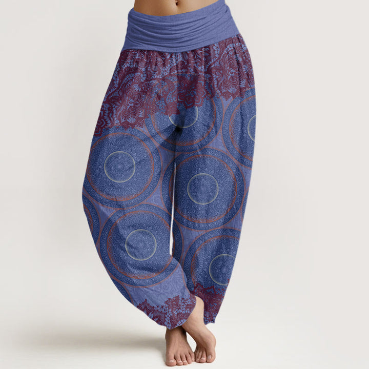 Pantalon harem femme en coton décontracté à motif floral et boussole, orné de Buddha Stones. Taille élastique. - Bleu ardoise moyen - US22，UK/AU26，EU54 (6XL) - image 7