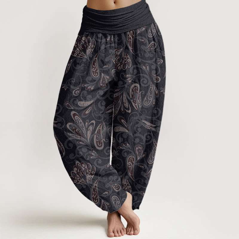 Pantalon harem à taille élastique pour femme, en coton décontracté avec motif de pétales de fleurs et Buddha Stones - Noir - US22，UK/AU26，EU54 (6XL) - image 0