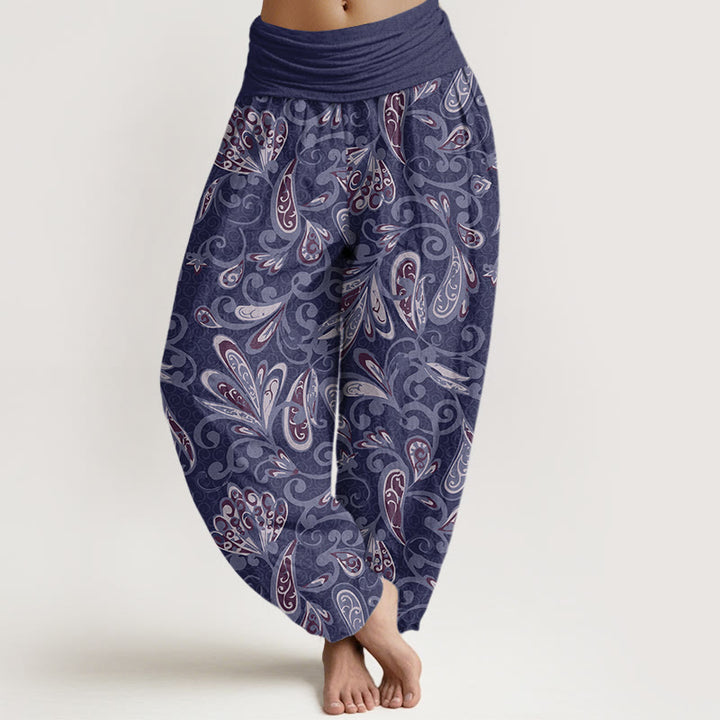 Pantalon harem à taille élastique pour femme, en coton décontracté avec motif de pétales de fleurs et Buddha Stones - Bleu ardoise - US22，UK/AU26，EU54 (6XL) - image 4