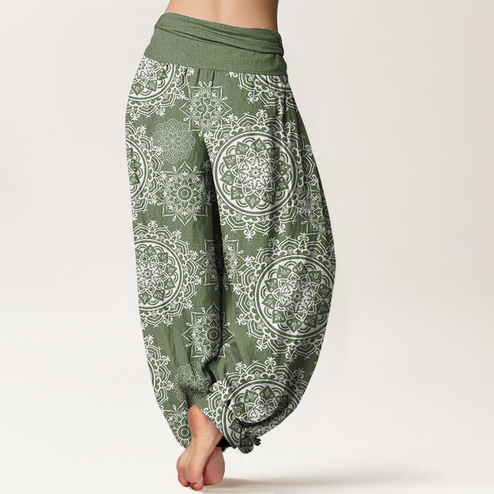 Pantalon sarouel décontracté à taille élastique pour femme avec motif de fleurs de mandala blanc et Buddha Stones - image 2