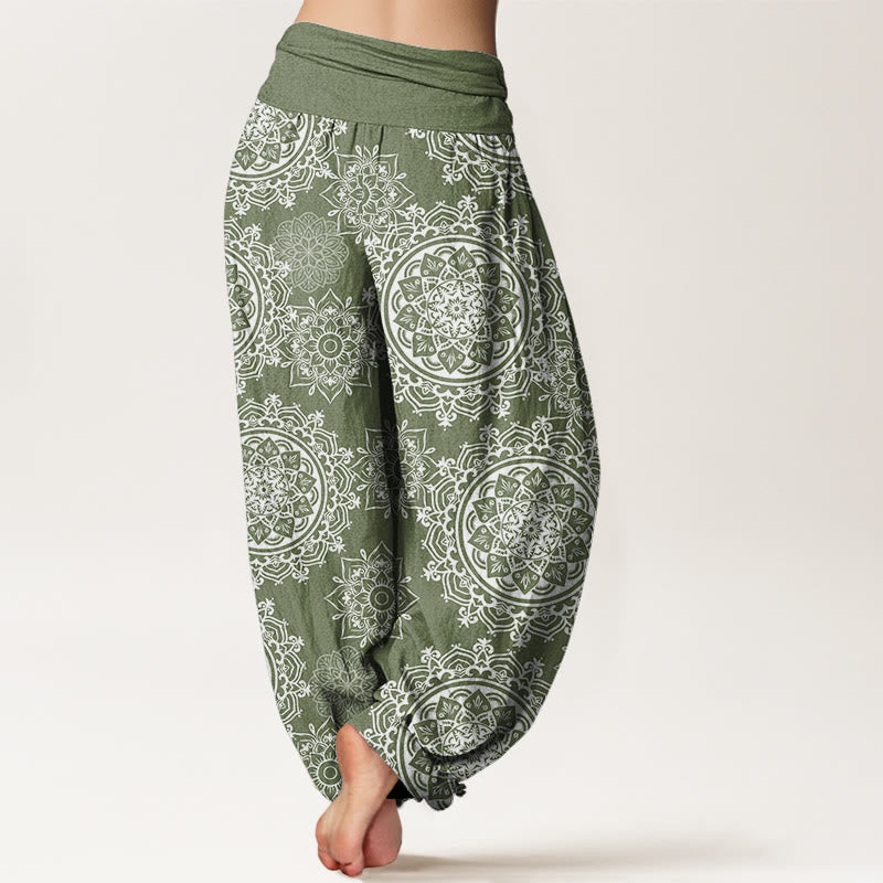 Pantalon sarouel décontracté à taille élastique pour femme avec motif de fleurs de mandala blanc et Buddha Stones - image 3