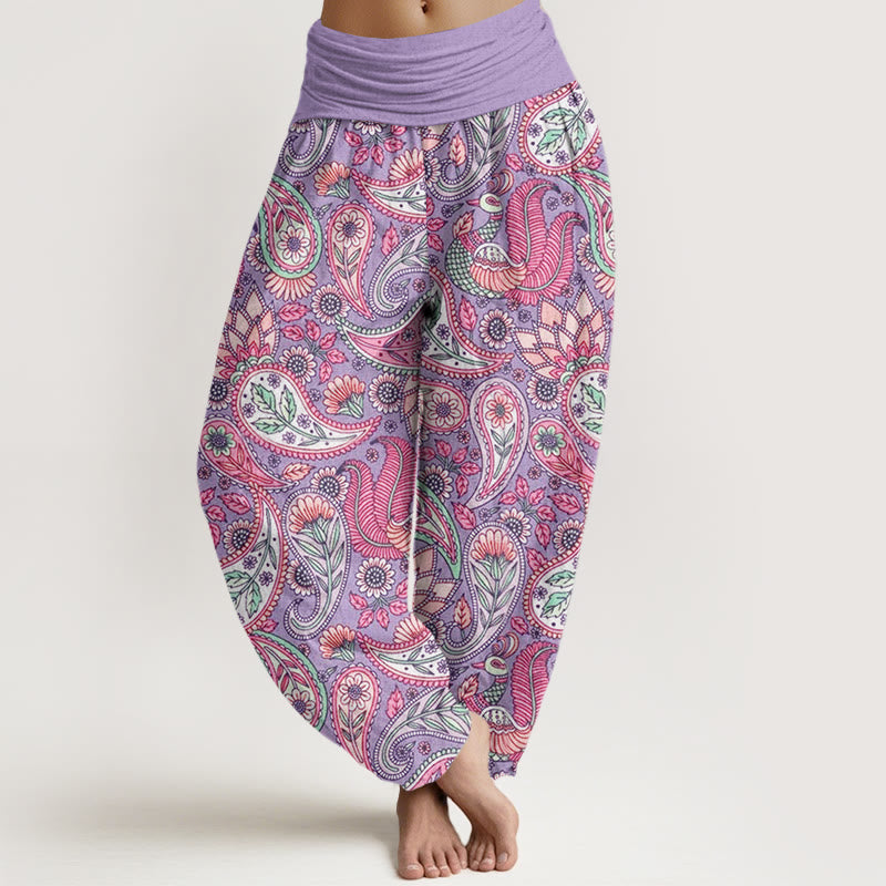 Pantalon harem à taille élastique pour femme, en coton, avec motif de fleurs de cajou, paon et tournesol et Buddha Stones - Prune - US22，UK/AU26，EU54 (6XL) - image 0