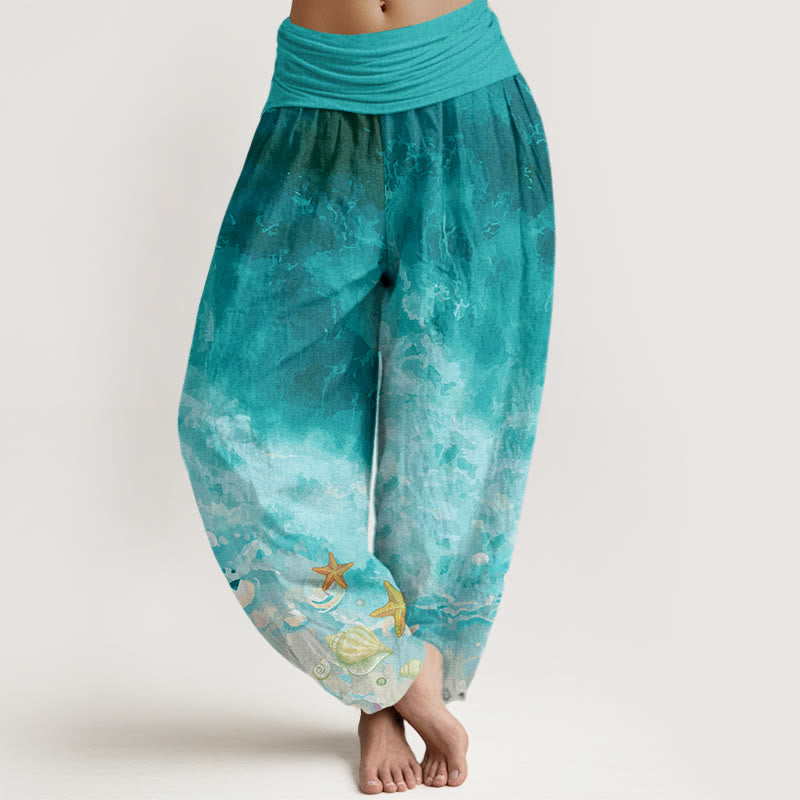 Pantalon harem à taille élastique pour femme, en coton, motif « Buddha Stones et vaste océan », en coton. - Vert clair - US22，UK/AU26，EU54 (6XL) - image 0