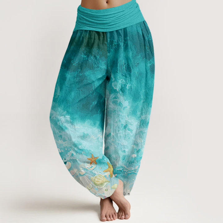 Pantalon harem à taille élastique pour femme, en coton, motif « Buddha Stones et vaste océan », en coton. - Vert clair - US22，UK/AU26，EU54 (6XL) - image 0