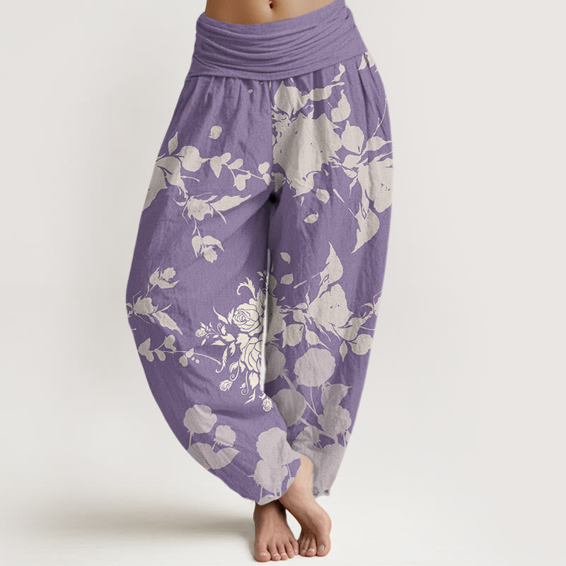 Pantalon sarouel à taille élastique pour femme avec motif de fleurs en bourgeons et Buddha Stones - Prune - US22，UK/AU26，EU54 (6XL) - image 8