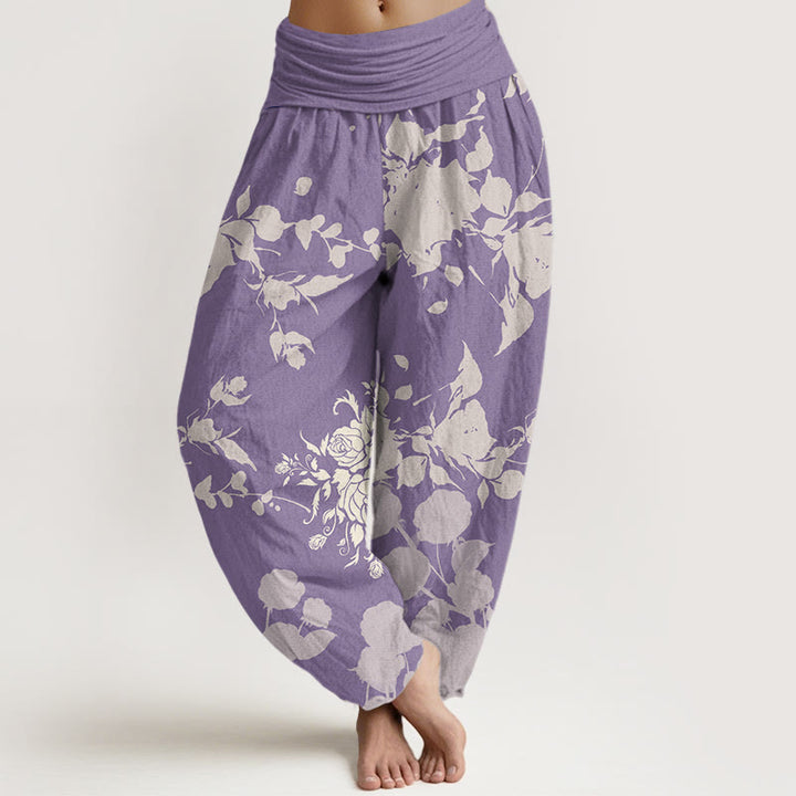 Pantalon sarouel à taille élastique pour femme avec motif de fleurs en bourgeons et Buddha Stones - Prune - US22，UK/AU26，EU54 (6XL) - image 8