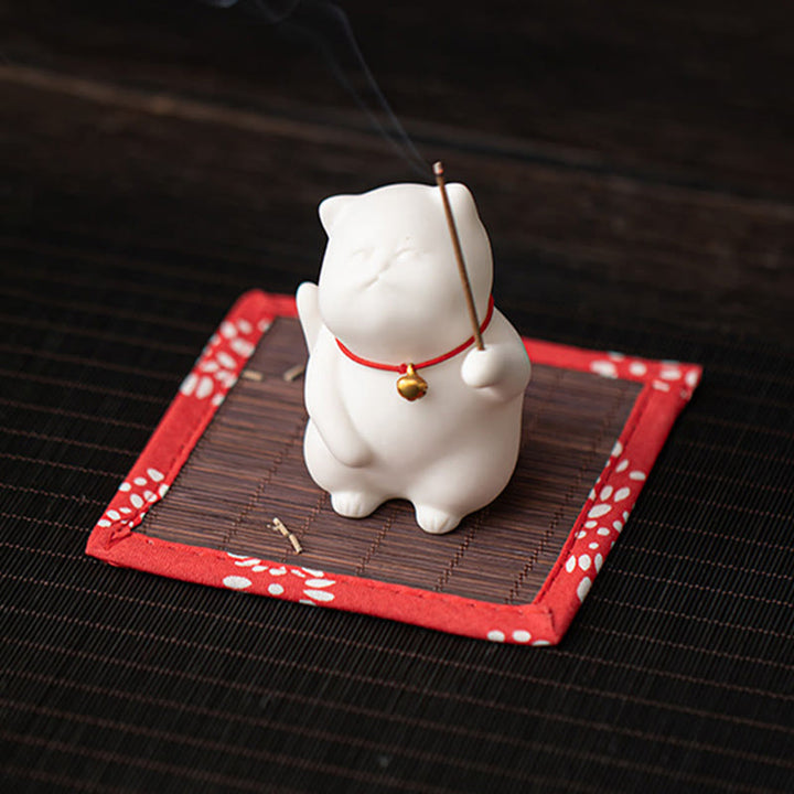 Buddha Stones Cloche de Chat Tapis de Bambou Brûleur d'Encens en Céramique de Guérison Décoration de Bureau - image 4