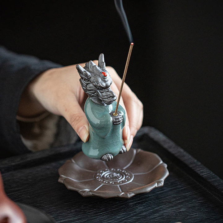Buddha Stones priant le roi dragon Lotus Base Fu personnage céramique guérison brûleur d'encens décoration de bureau