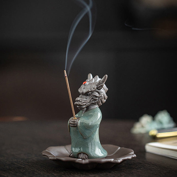 Buddha Stones priant le roi dragon Lotus Base Fu personnage céramique guérison brûleur d'encens décoration de bureau