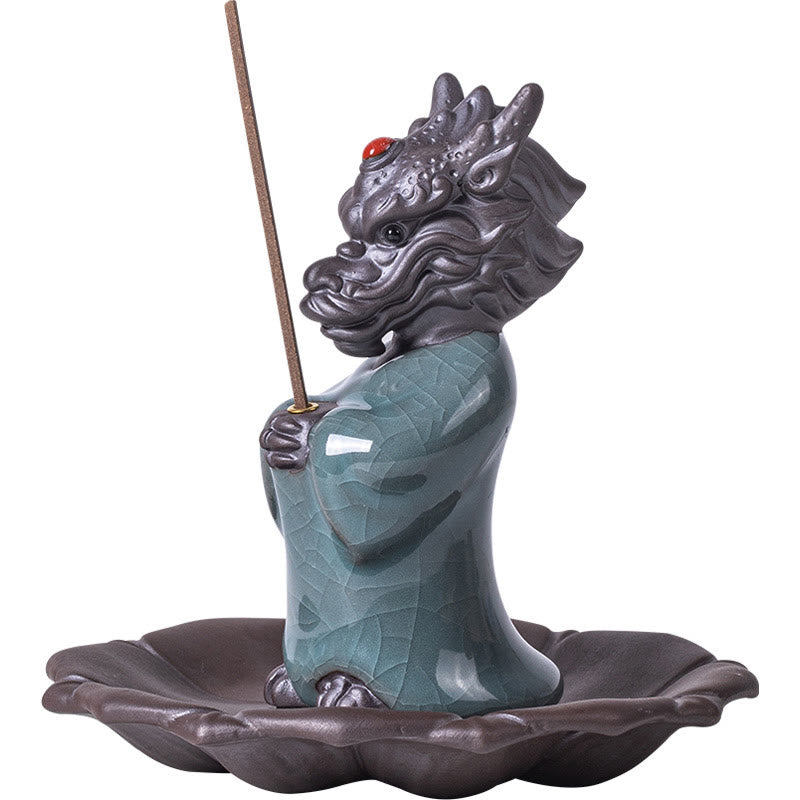 Buddha Stones priant le roi dragon Lotus Base Fu personnage céramique guérison brûleur d'encens décoration de bureau