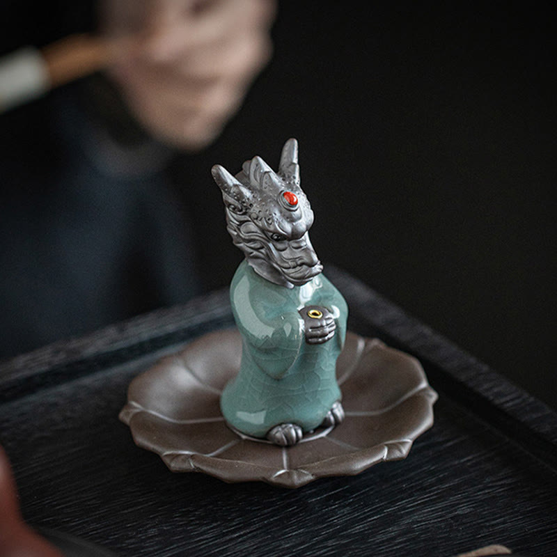 Buddha Stones priant le roi dragon Lotus Base Fu personnage céramique guérison brûleur d'encens décoration de bureau