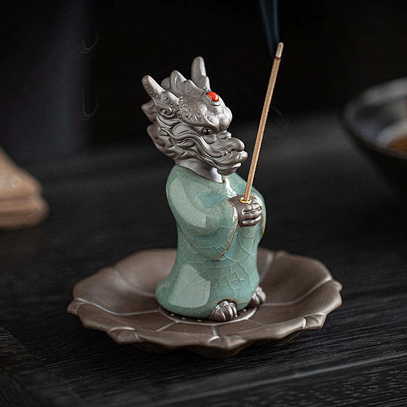Buddha Stones priant le roi dragon Lotus Base Fu personnage céramique guérison brûleur d'encens décoration de bureau