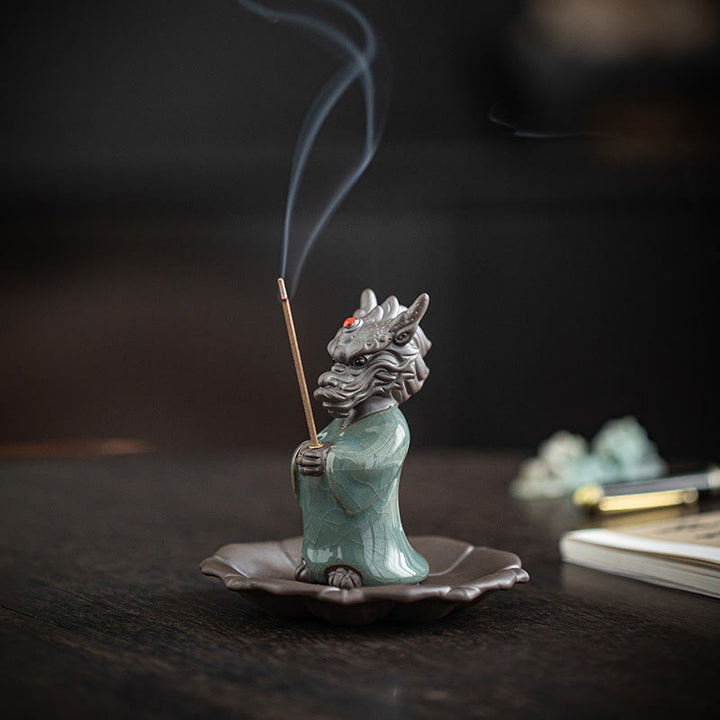 Buddha Stones priant le roi dragon Lotus Base Fu personnage céramique guérison brûleur d'encens décoration de bureau