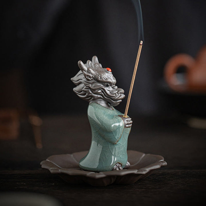 Buddha Stones priant le roi dragon Lotus Base Fu personnage céramique guérison brûleur d'encens décoration de bureau